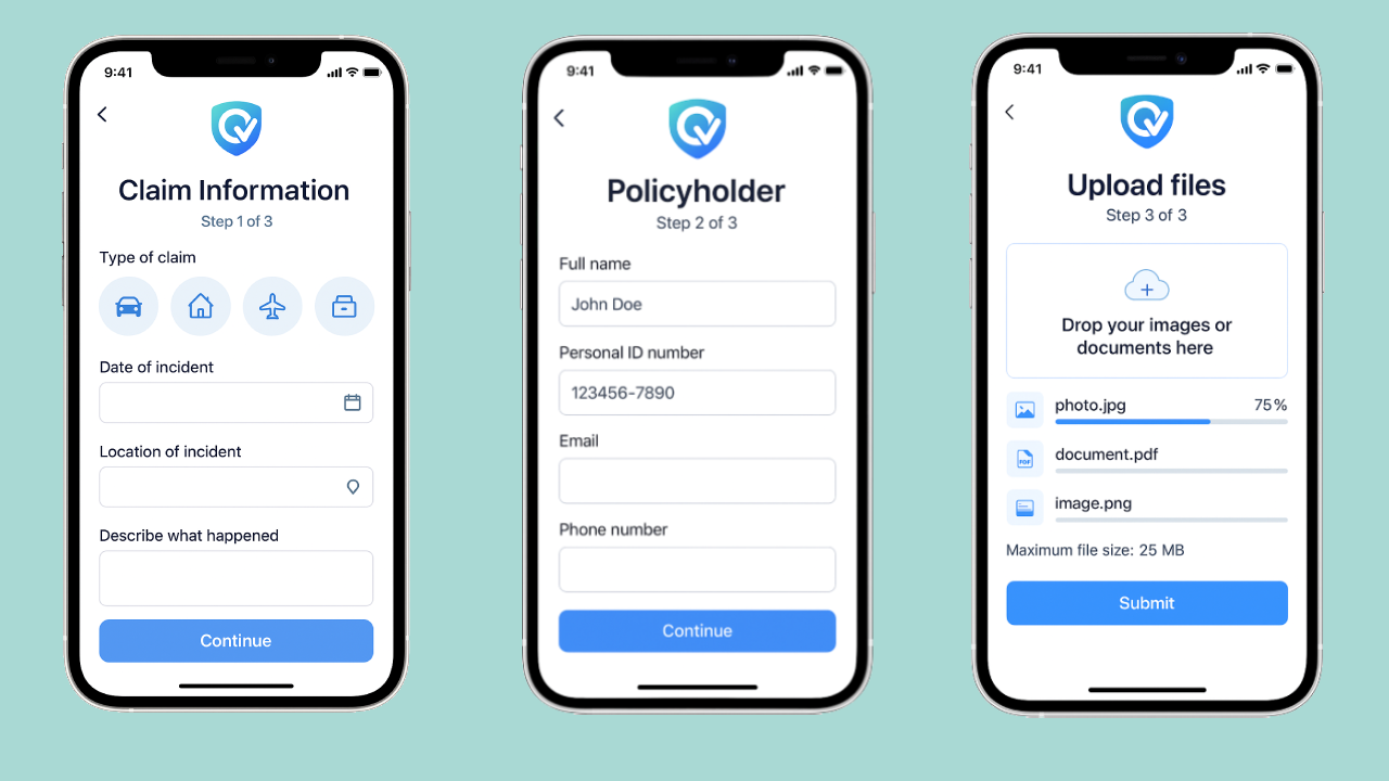 Qlaimly FNOL mobile flow with BankID login and guided steps