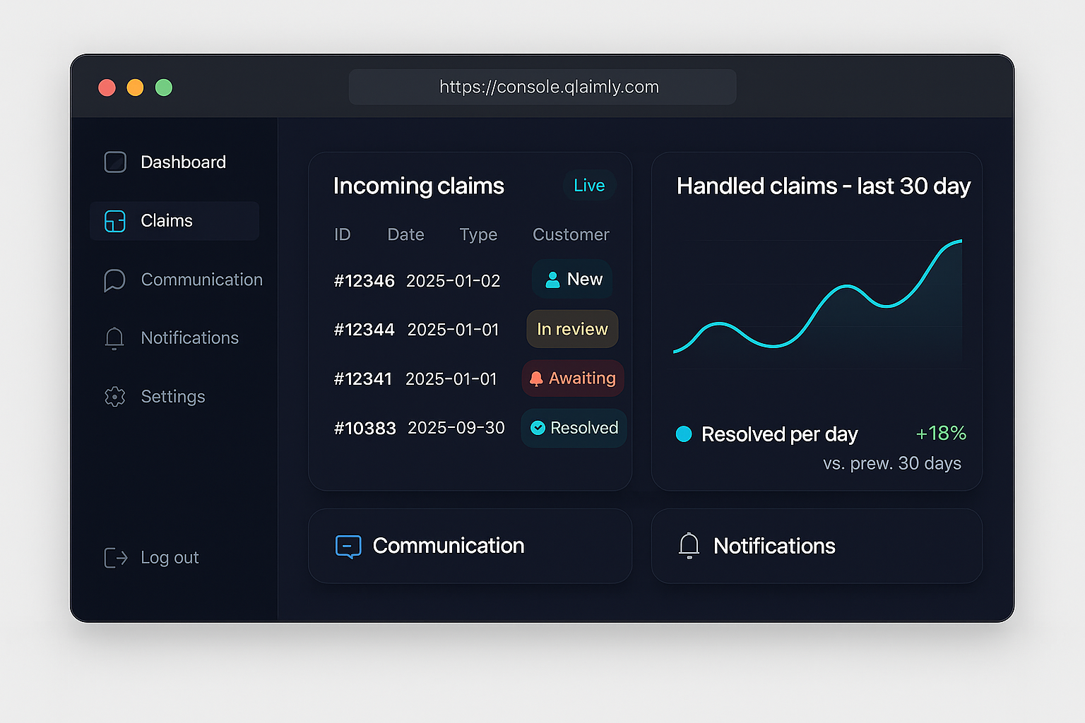 Qlaimly back-office console mockup for FNOL intake